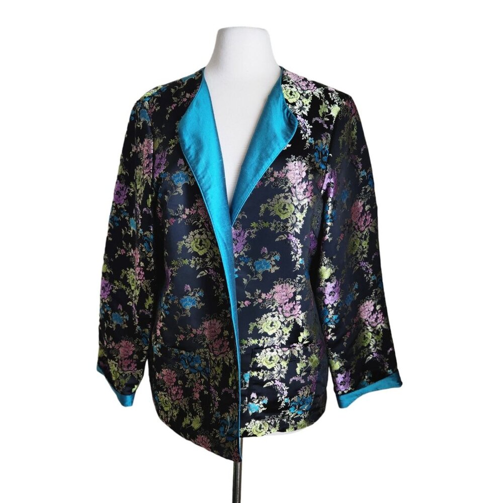 HARRIS WALLACE SILK Reversible Jacket XL Chinese Asian Embroidery Qipao Black
